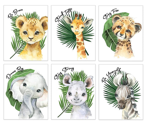 Safari Nursery Decor for Boys - Safari Animal Pictures Wall Art - Baby Room Animal Prints - Jungle Babies Wall Decor - Little Boys Room Art - SET OF 6-8x10 - UNFRAMED (Safari-Animals-6)